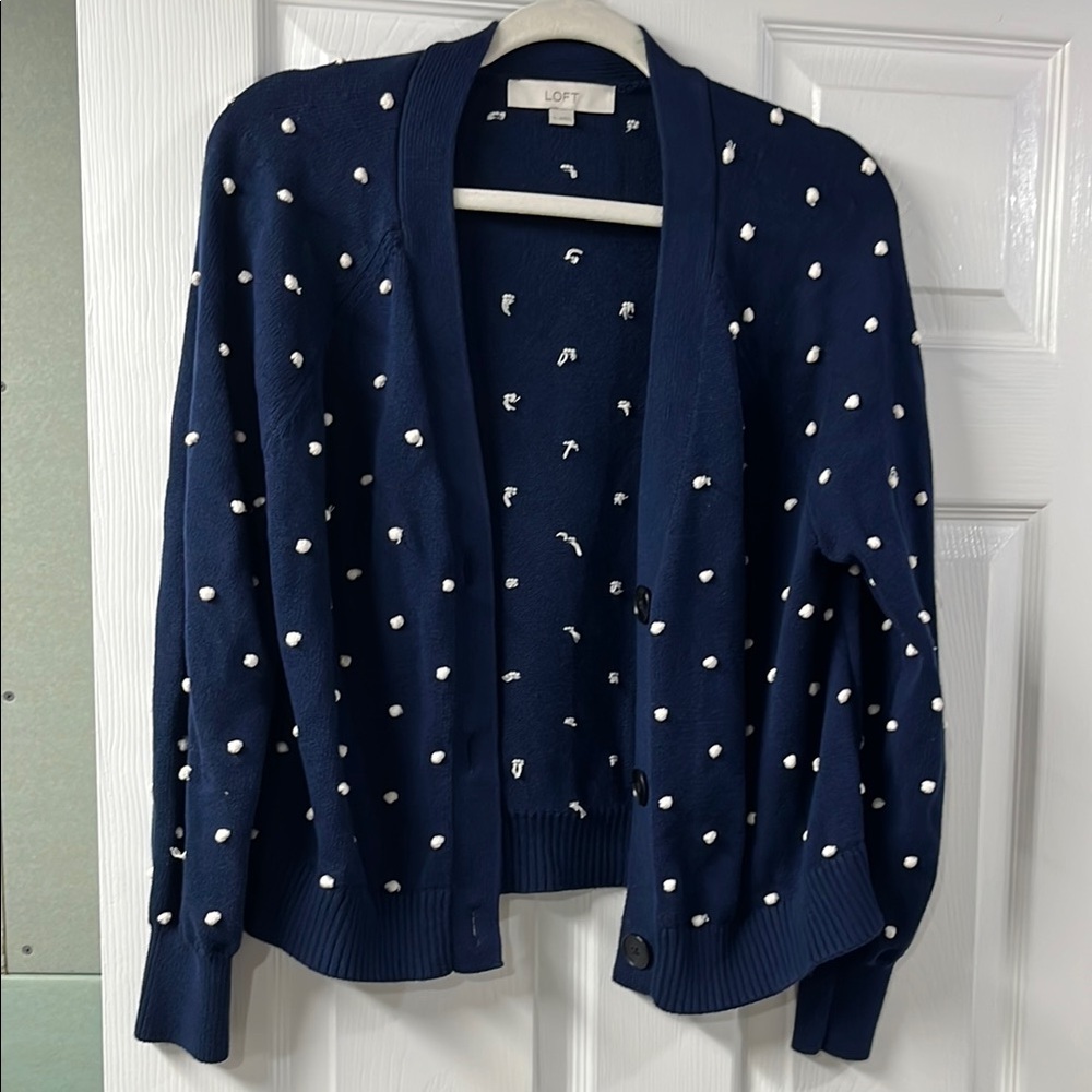 LOFT Blue Polka Dot Cardigan Sweater